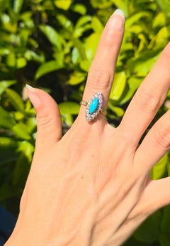 Victorian 1910 Navette Ring in 18kt yellow Gold with Turquoise and Diamonds