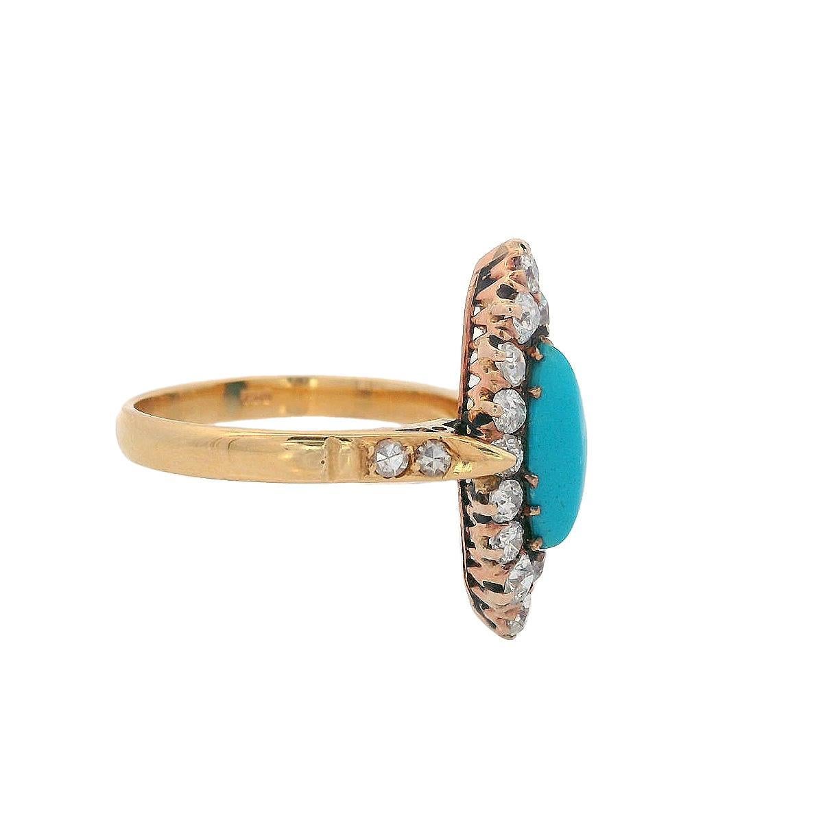 Anillo Navette Victoriano de 1910 en Oro amarillo de 18 quilates con Turquesa y Diamantes en Bueno estado para la venta en Aventura, FL
