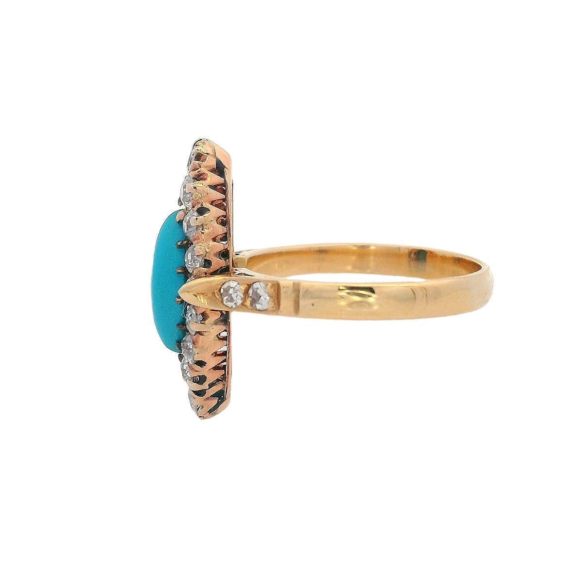 Femenino o masculino Anillo Navette Victoriano de 1910 en Oro amarillo de 18 quilates con Turquesa y Diamantes en venta