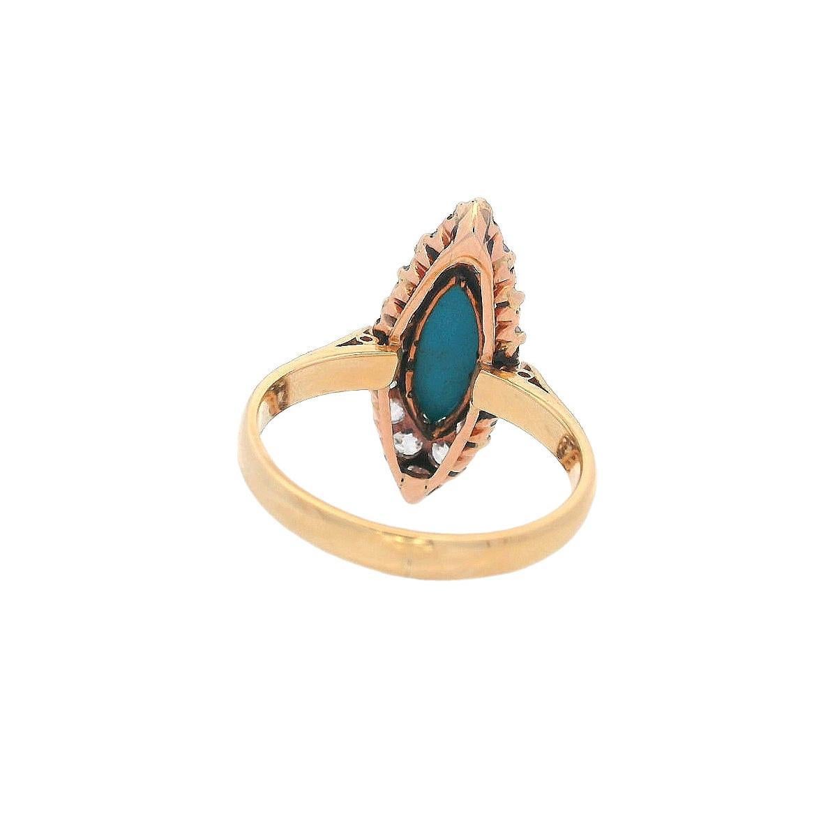 Anillo Navette Victoriano de 1910 en Oro amarillo de 18 quilates con Turquesa y Diamantes en venta 1