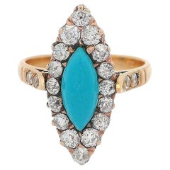 Anillo Navette Victoriano de 1910 en Oro amarillo de 18 quilates con Turquesa y Diamantes