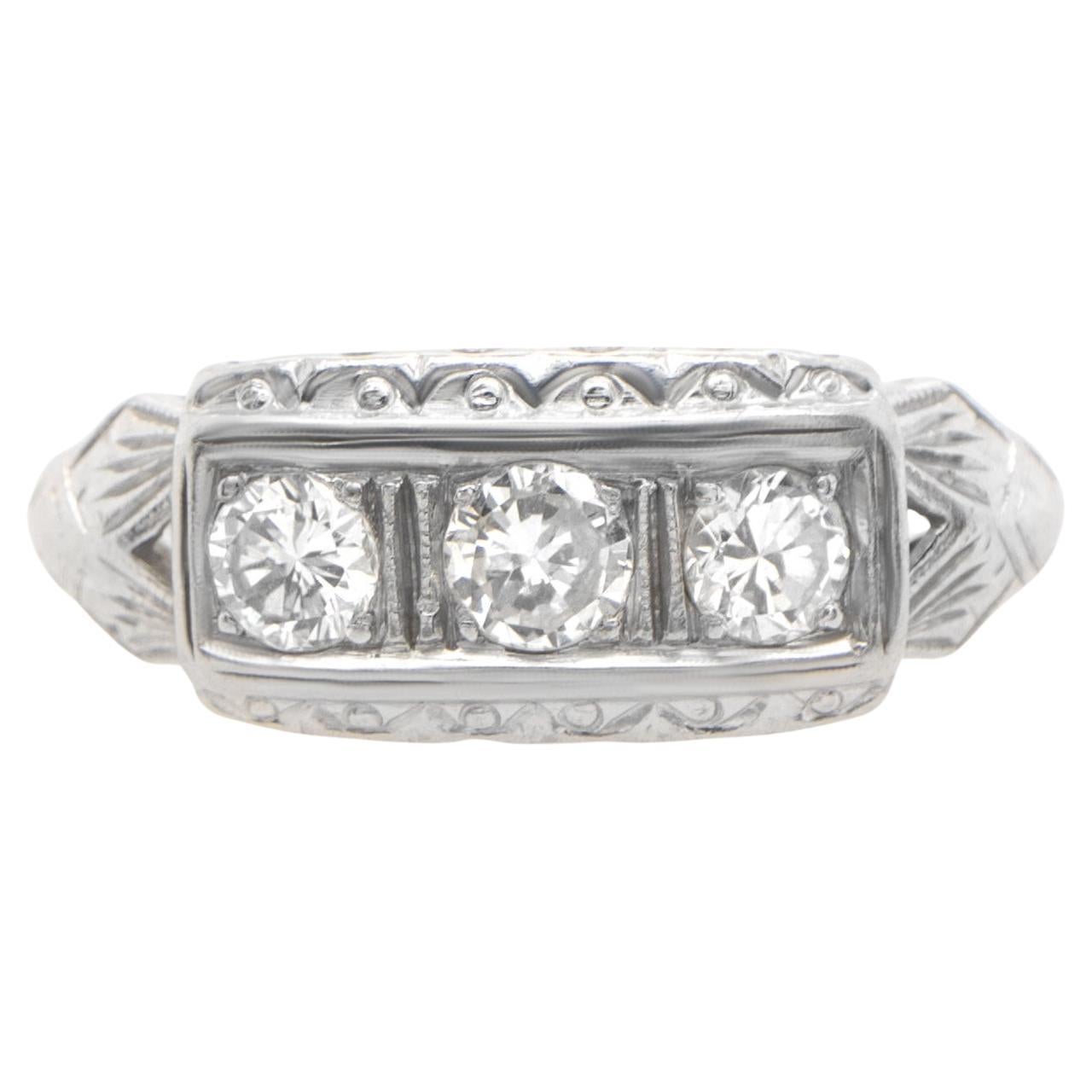 Victorian 1910’s Diamond Ring .80 Carats Total 14k White Gold For Sale