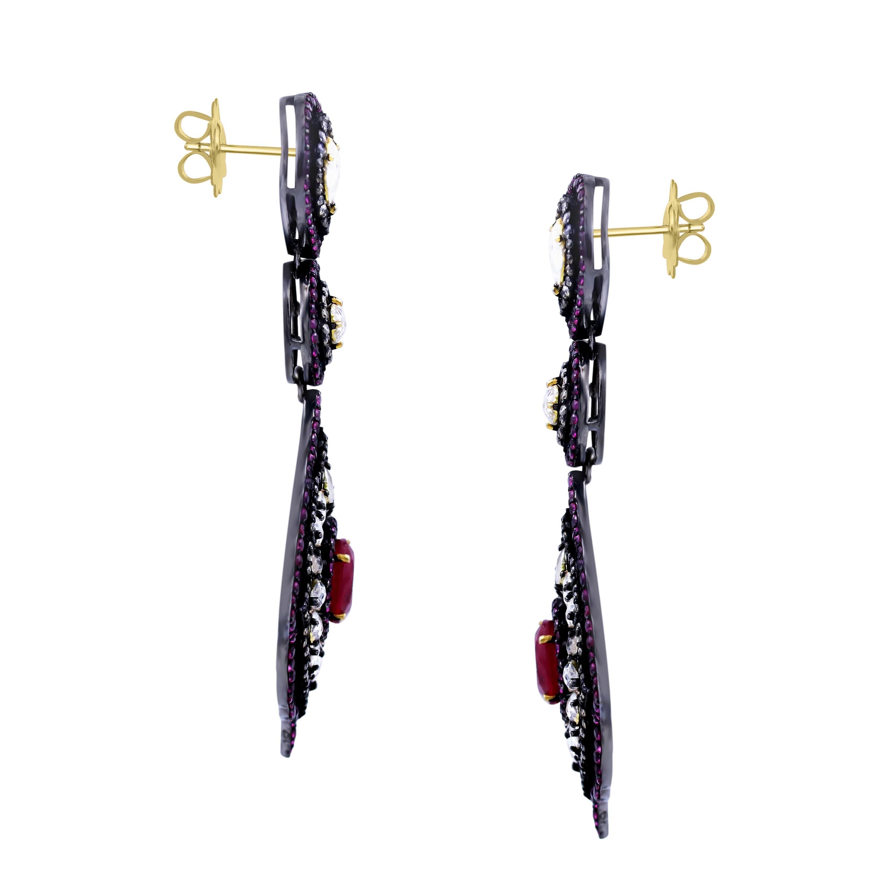 Contemporary Victorian 19.2 Cttw. Ruby, Sapphire and Diamond Drop Earrings in 18k/925 Silver For Sale