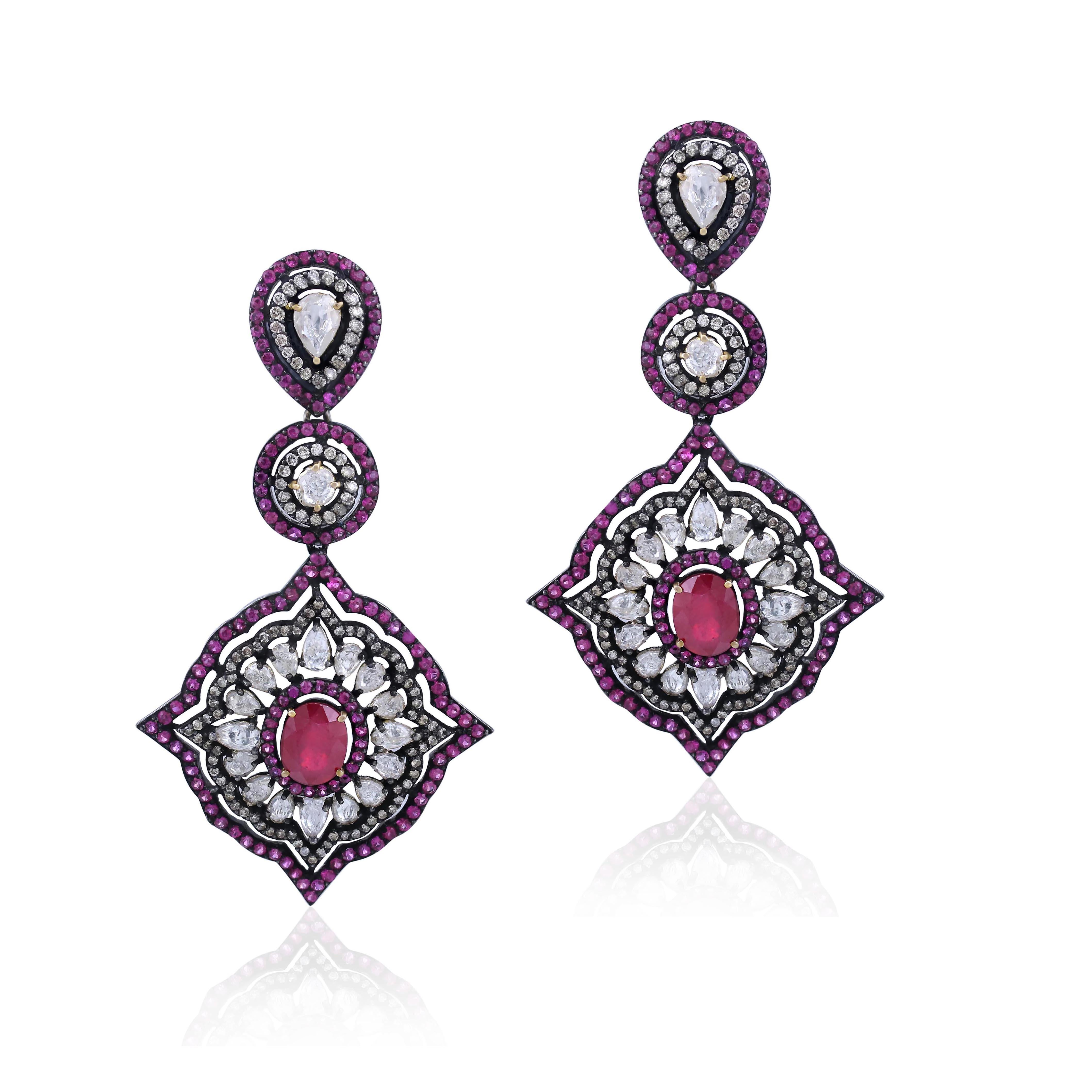 Oval Cut Victorian 19.2 Cttw. Ruby, Sapphire and Diamond Drop Earrings in 18k/925 Silver For Sale
