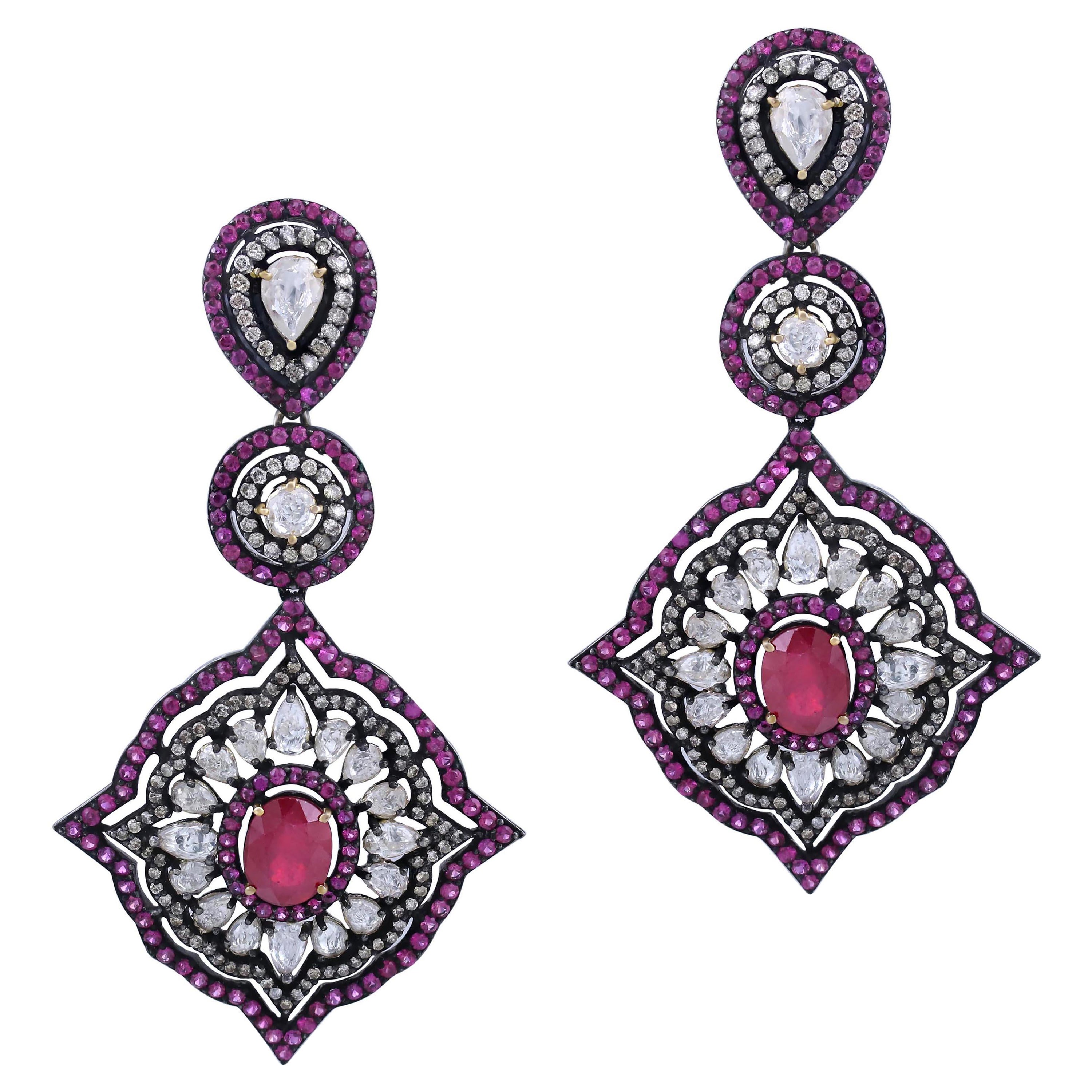 Victorian 19.2 Cttw. Ruby, Sapphire and Diamond Drop Earrings in 18k/925 Silver For Sale
