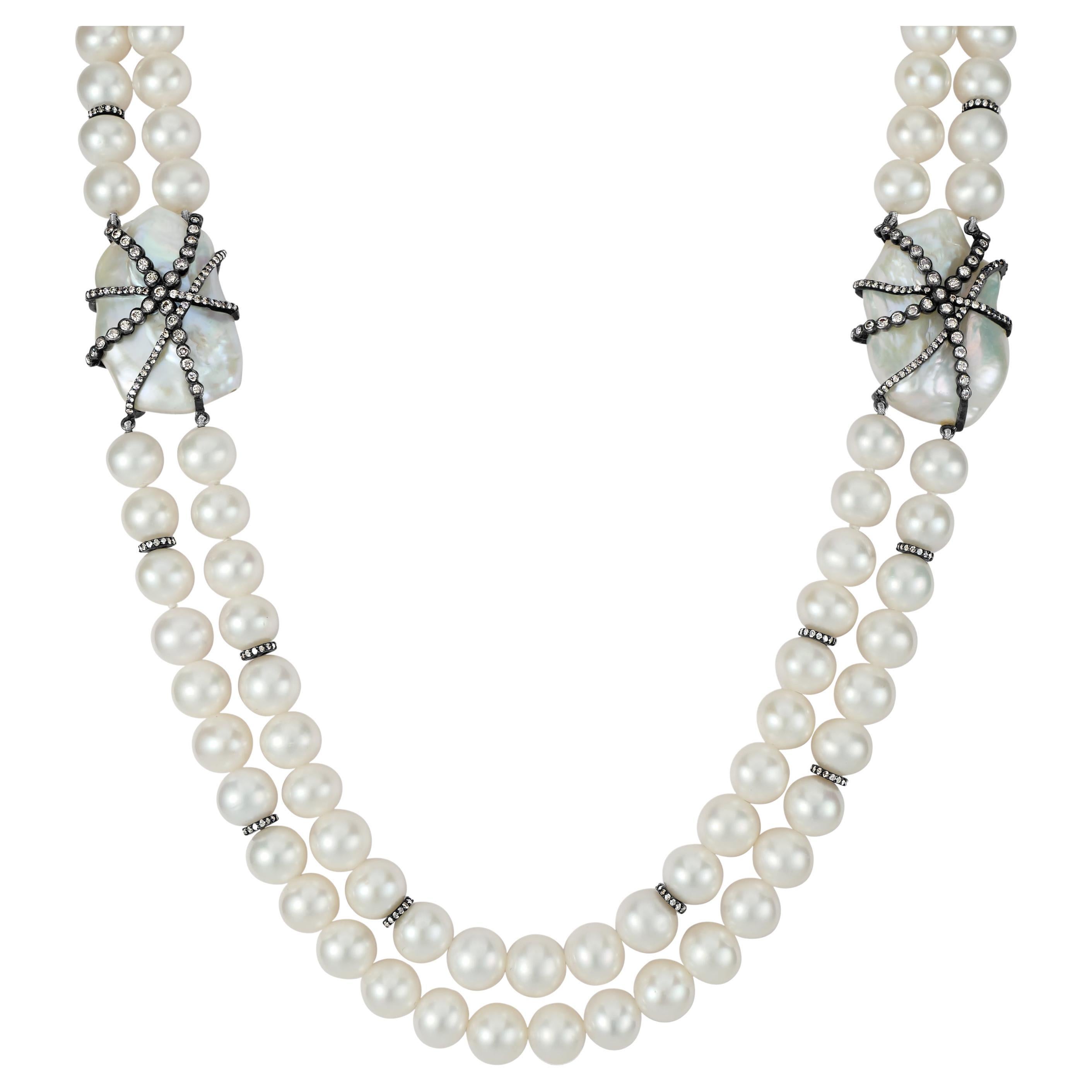 Victorian 192.53 Gms. Pearl and 5.4Cts. Diamond Beaded Necklace 36" For Sale