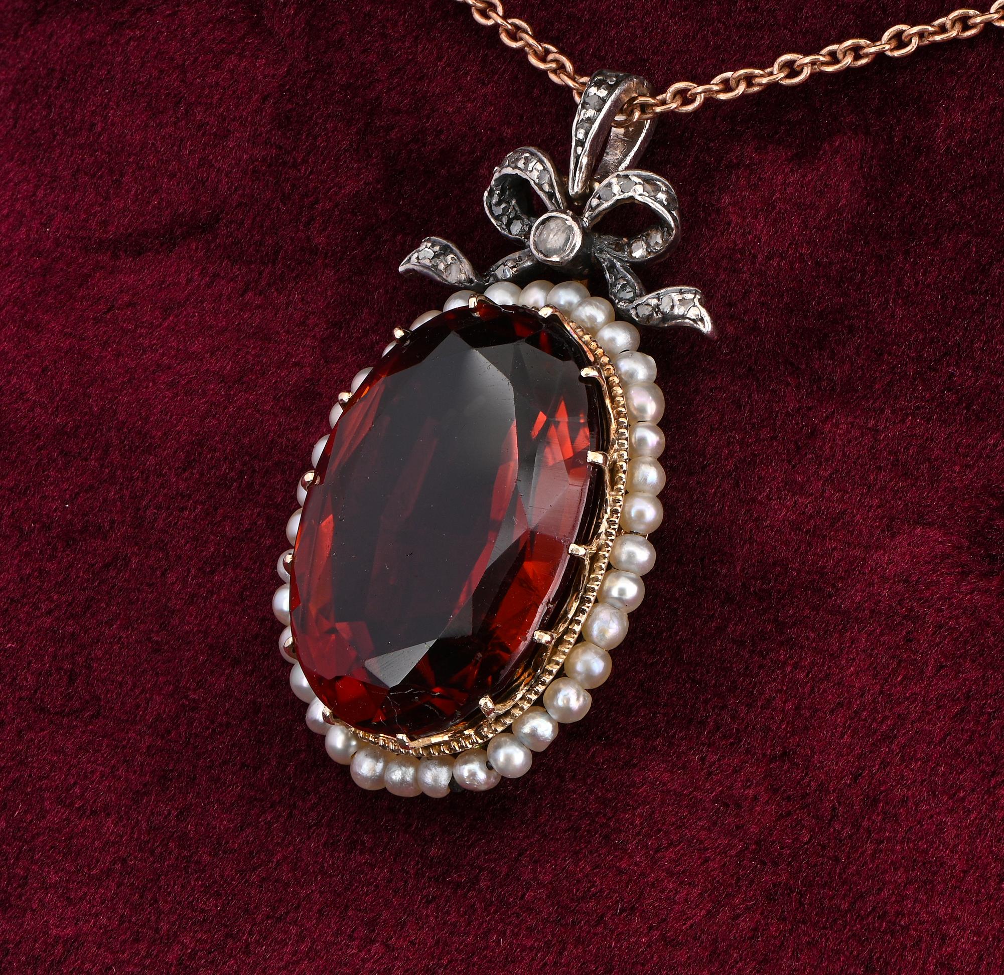 Victorian 19.30 Ct. Madeira Citrine Diamond Pearl Pendant In Good Condition For Sale In Napoli, IT