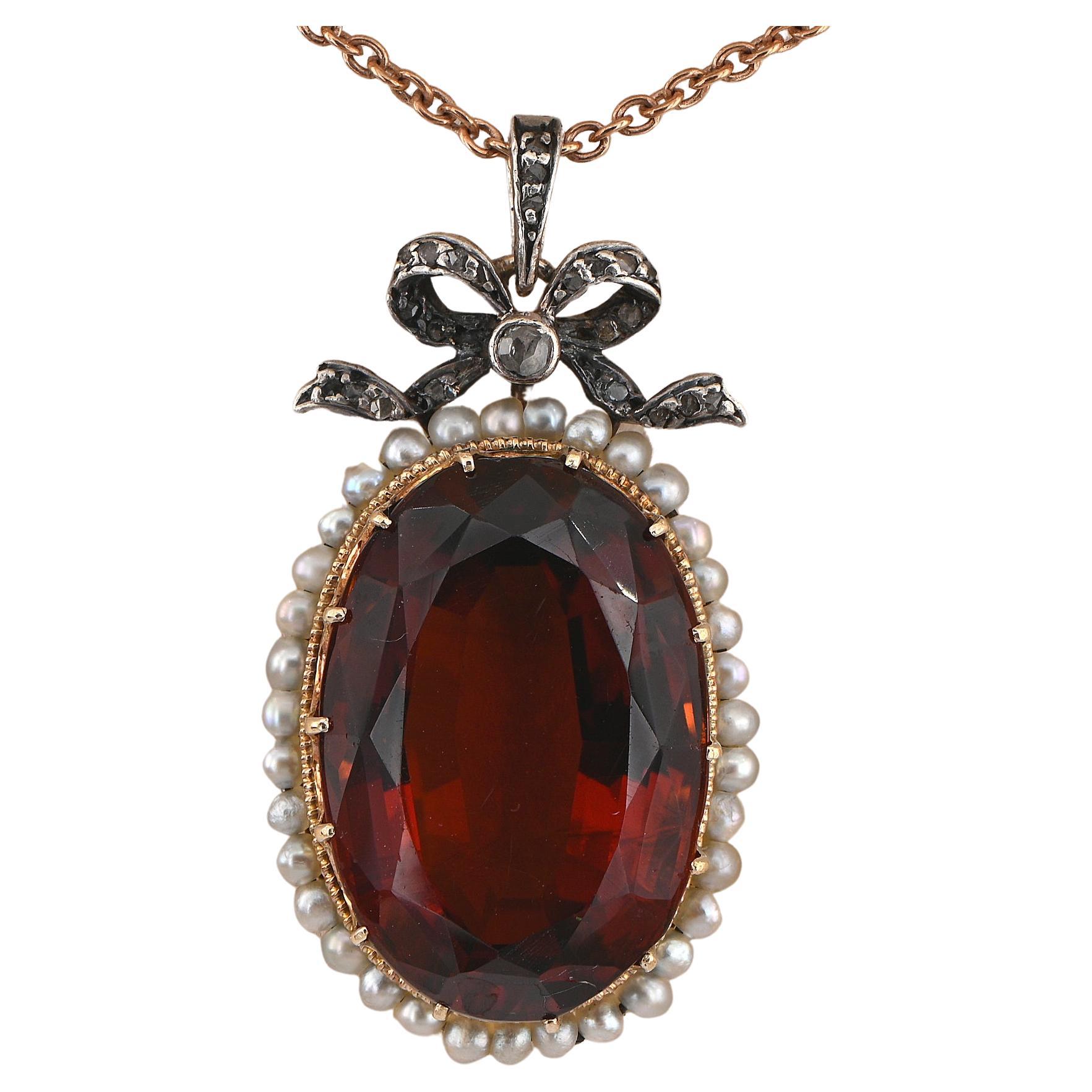 Victorian 19.30 Ct. Madeira Citrine Diamond Pearl Pendant For Sale