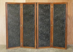Victorian Embossed Leather & Water Colour Folding Screen Room Divider