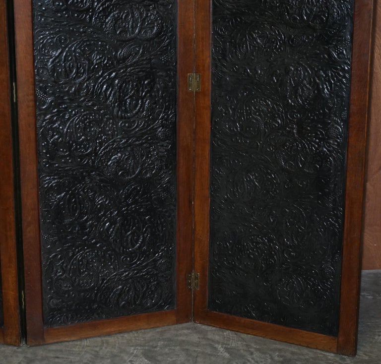 Hand-Crafted Victorian Embossed Leather & Water Colour Folding Screen Room Divider For Sale