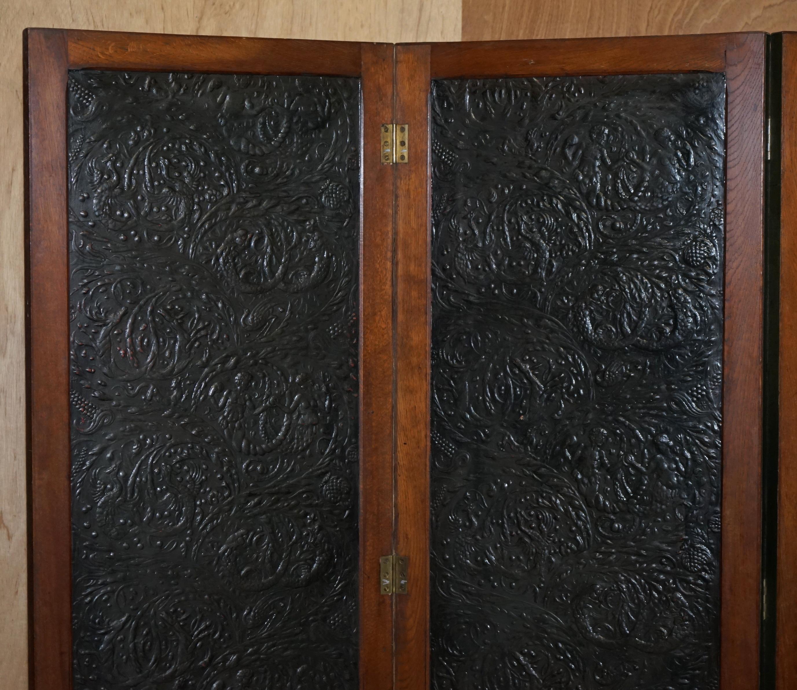 English Victorian Embossed Leather & Water Colour Folding Screen Room Divider For Sale
