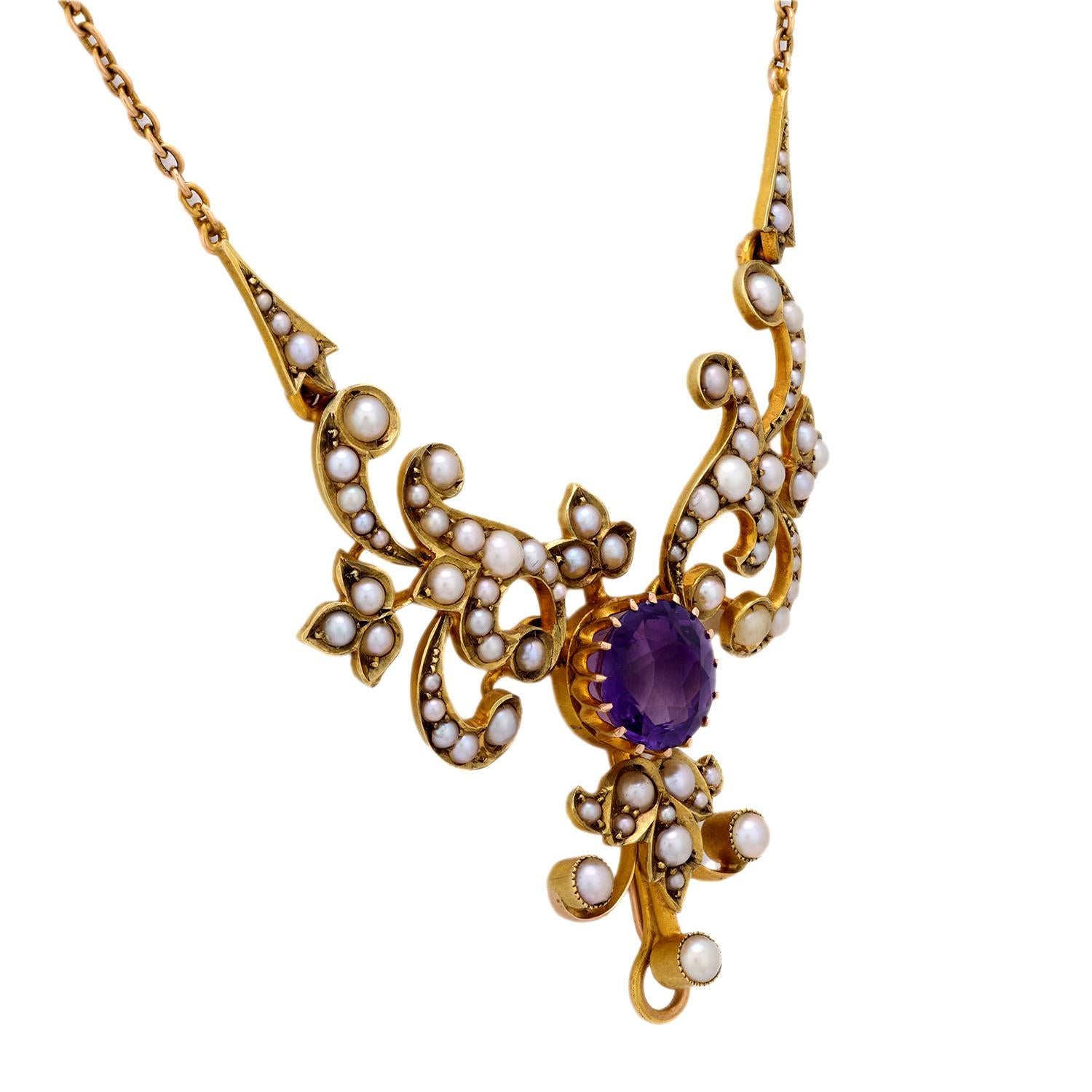 Victorien Collier victorien en or jaune 14 carats avec perles d'améthyste de 1,95 carat en vente