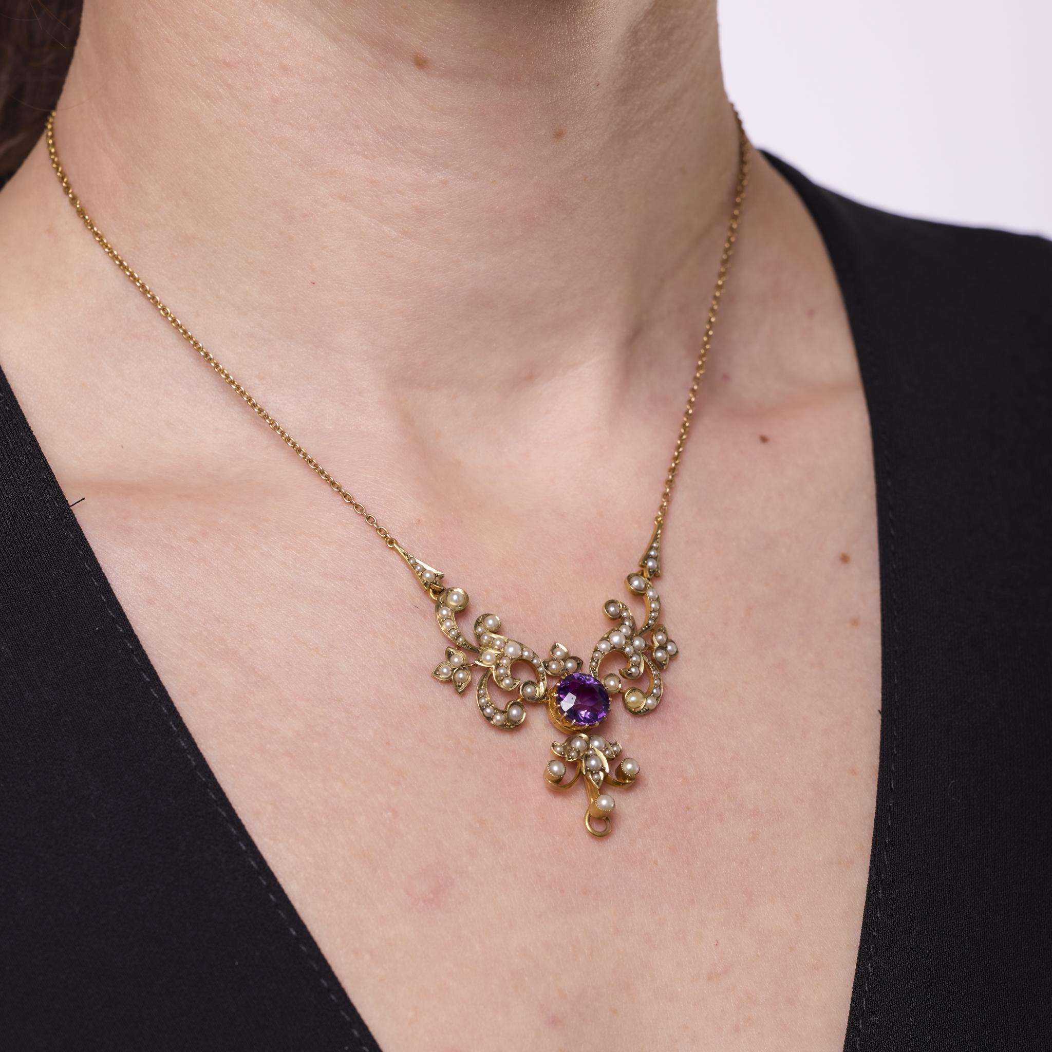 Taille ronde Collier victorien en or jaune 14 carats avec perles d'améthyste de 1,95 carat en vente