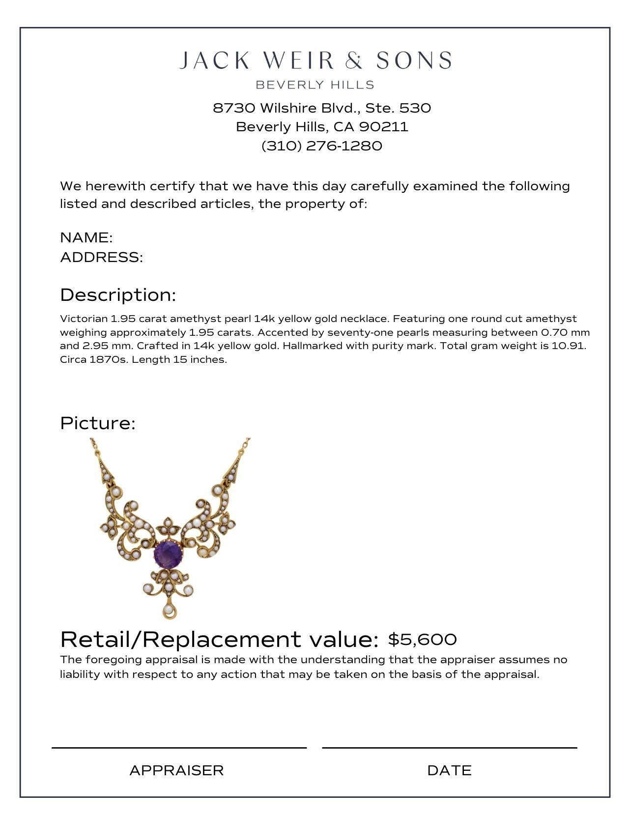 Collier victorien en or jaune 14 carats avec perles d'améthyste de 1,95 carat Bon état - En vente à Beverly Hills, CA