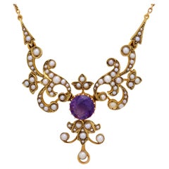 Victorian 1.95 carat amethyst pearl 14k yellow gold necklace