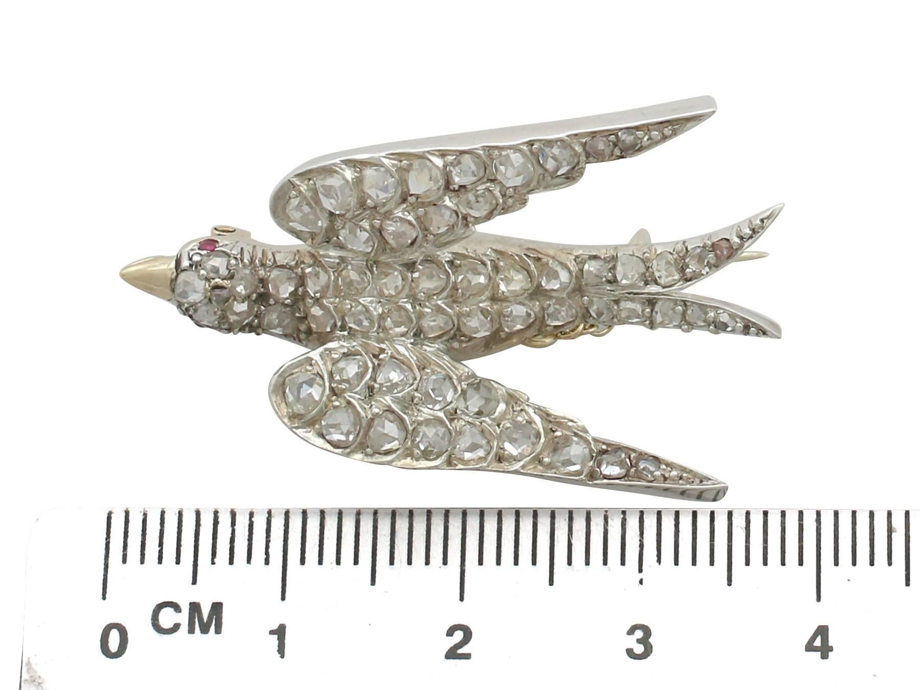 Victorian 1.95 Carat Diamond and Ruby Yellow Gold Swallow Bird Brooch 1