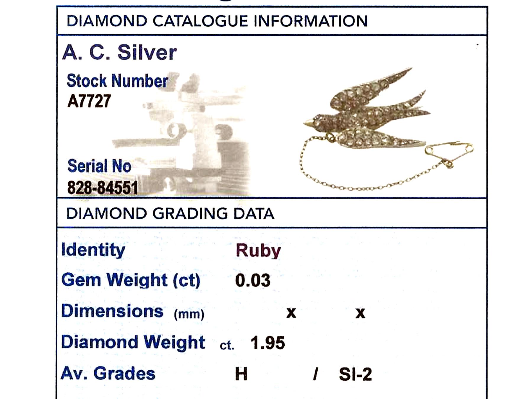 Victorian 1.95 Carat Diamond and Ruby Yellow Gold Swallow Bird Brooch 4