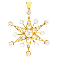 Victorian 1.95 Carat Diamond Pearl 14 Karat Gold Sunburst Pendant