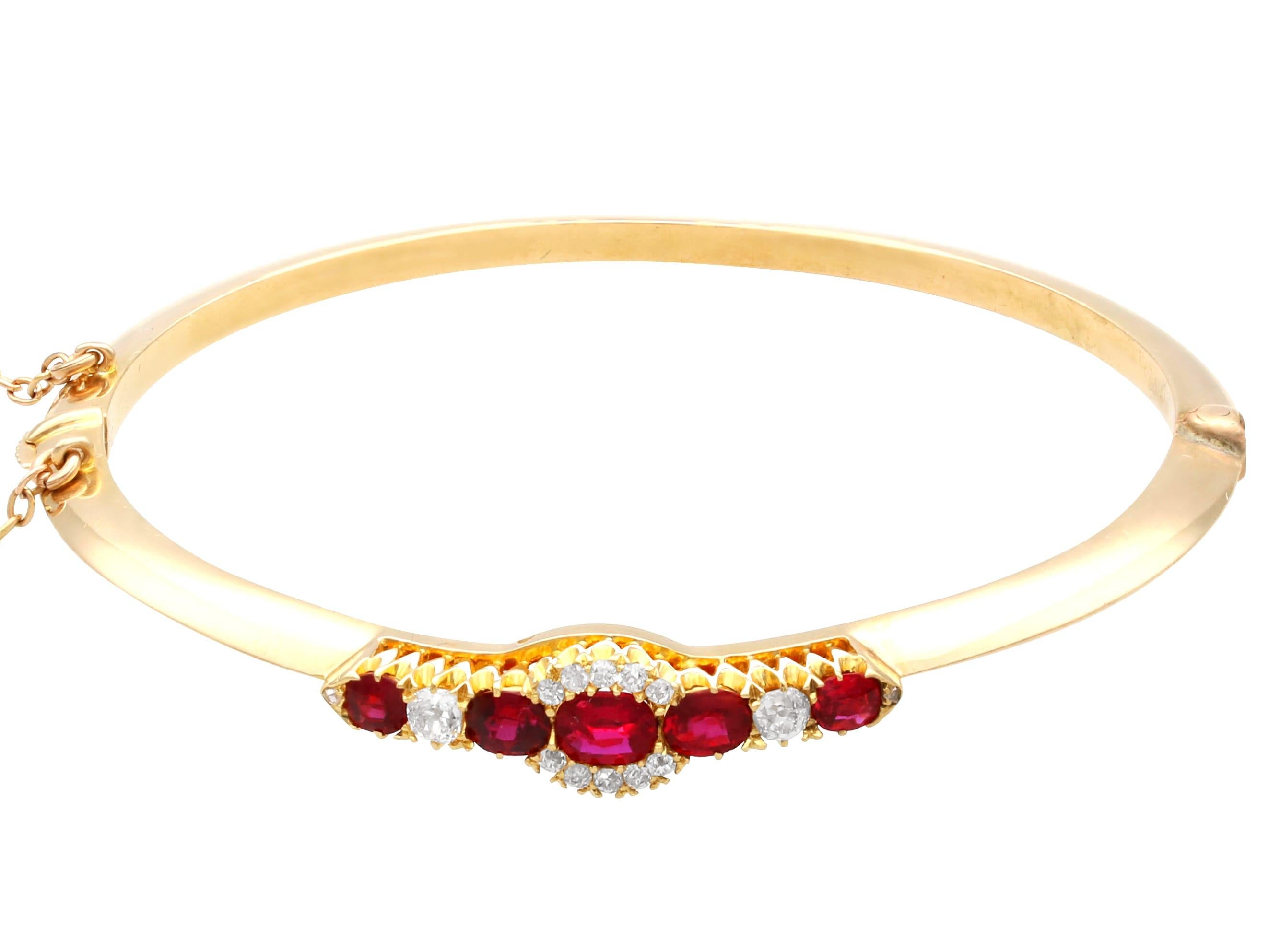 Oval Cut Victorian 1.95 Carat Ruby and 0.40 Carat Diamond 15k Yellow Gold Bangle For Sale