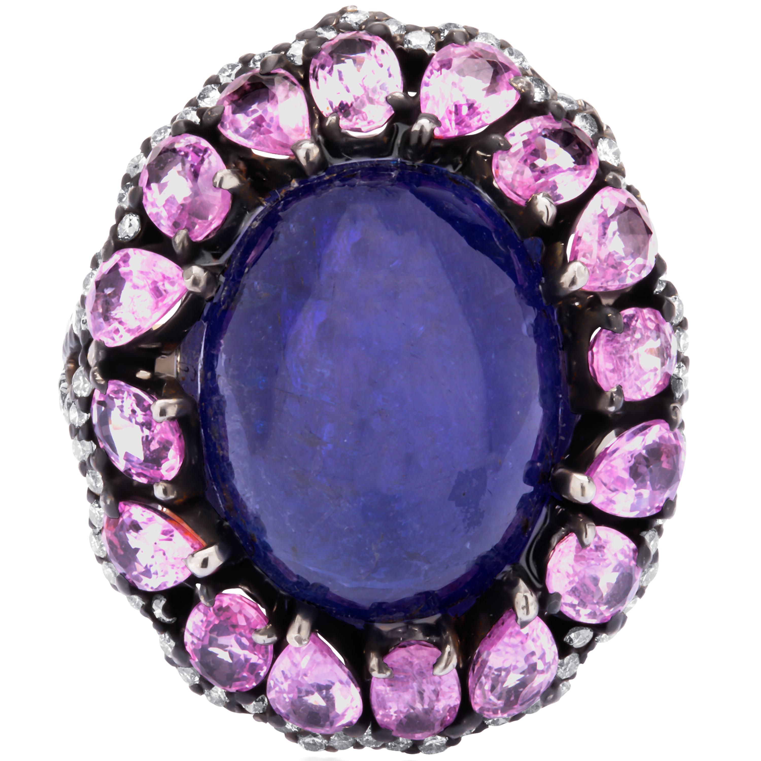 Victorian 19.5cttw Tanzanite, Pink Sapphire & Diamond Cocktail Ring In New Condition In New York, NY
