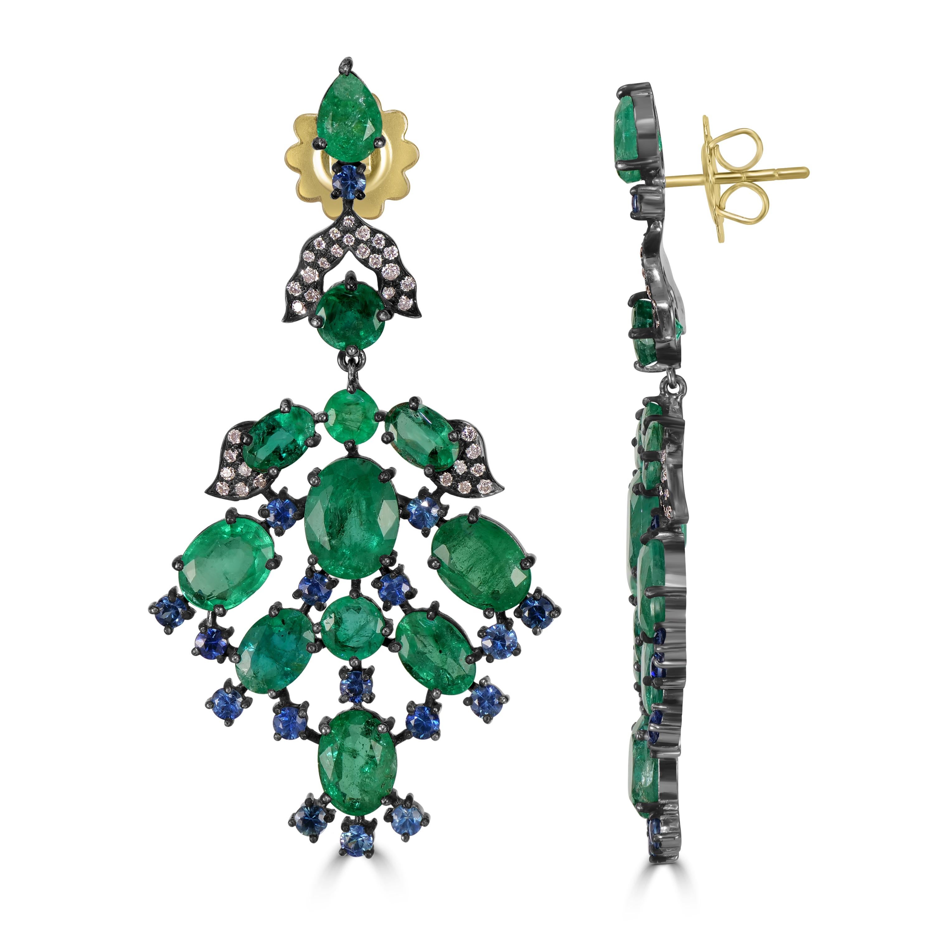 Oval Cut Victorian 19.68 Cttw. Emerald, Blue Sapphire and Diamond Dangle Earrings  For Sale
