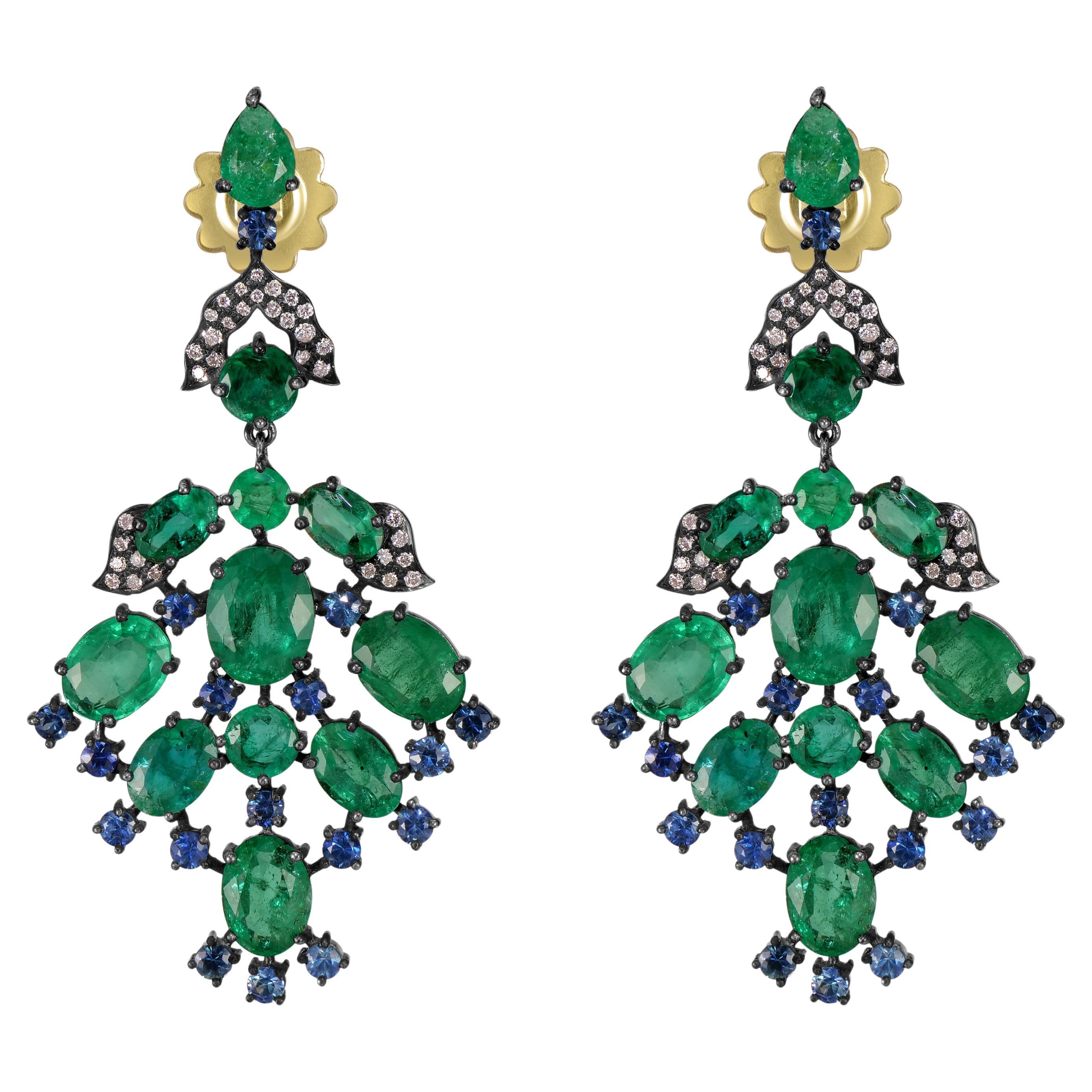 Victorian 19.68 Cttw. Emerald, Blue Sapphire and Diamond Dangle Earrings  For Sale