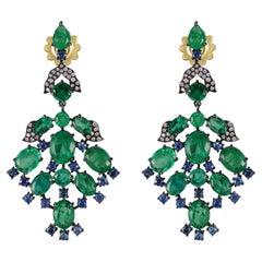 Victorian 19.68 Cttw. Emerald, Blue Sapphire and Diamond Dangle Earrings 