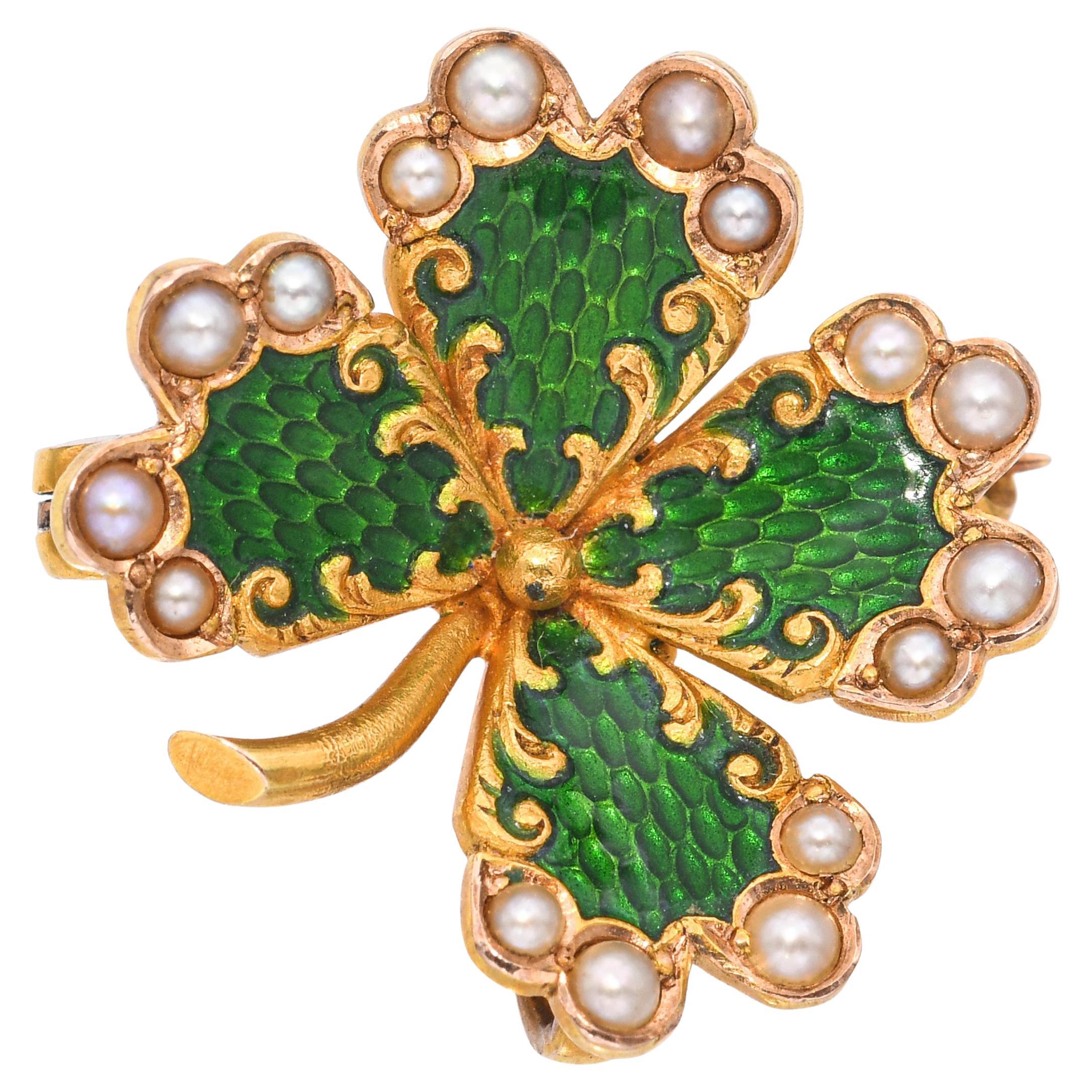 Viktorianische 19k Gelbgold Guilloché Emaille Samen Perle vierblättrige Kleeblatt Brosche
