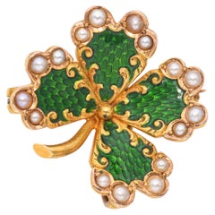 Antique Victorian 19k Yellow Gold Guilloché Enamel Seed Pearl Four-Leaf Clover Brooch