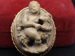 Victorian 19K Yellow Gold High Relief Lava Cherub Cameo Brooch - VHK#441a