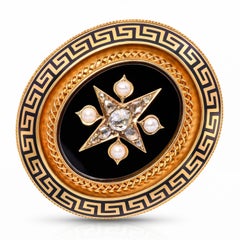 Victorian 19k Yellow Gold Rose Cut Diamond, Pearl, & Onyx Mourning Brooch
