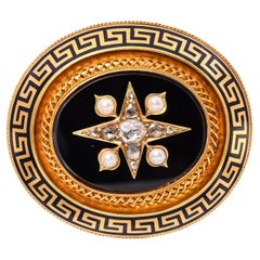 Victorian 19k Yellow Gold Rose Cut Diamond, Pearl, & Onyx Mourning Brooch