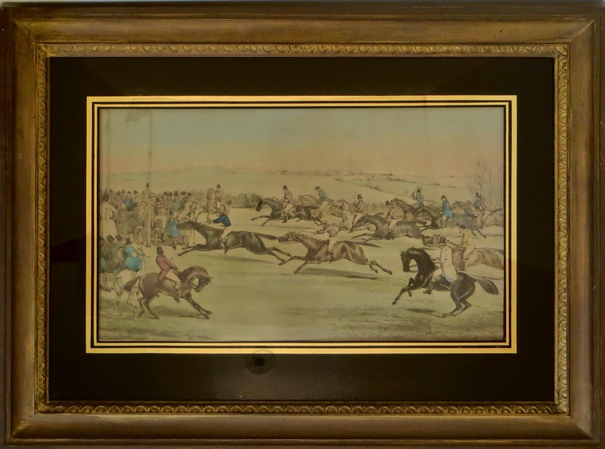 Wonderful polychromed lithograph under glass with reverse glass hand painted gold gilt rectangular double lined border, along with a hand painted black matte; unique; I have not seen this before. Scene is full of action depicting a country Sunday