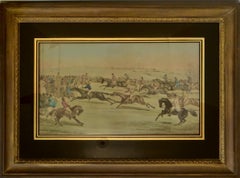 Victorian 19th C. British Lithograph of "the Races" Reverse Glass Matte Ca. 1875