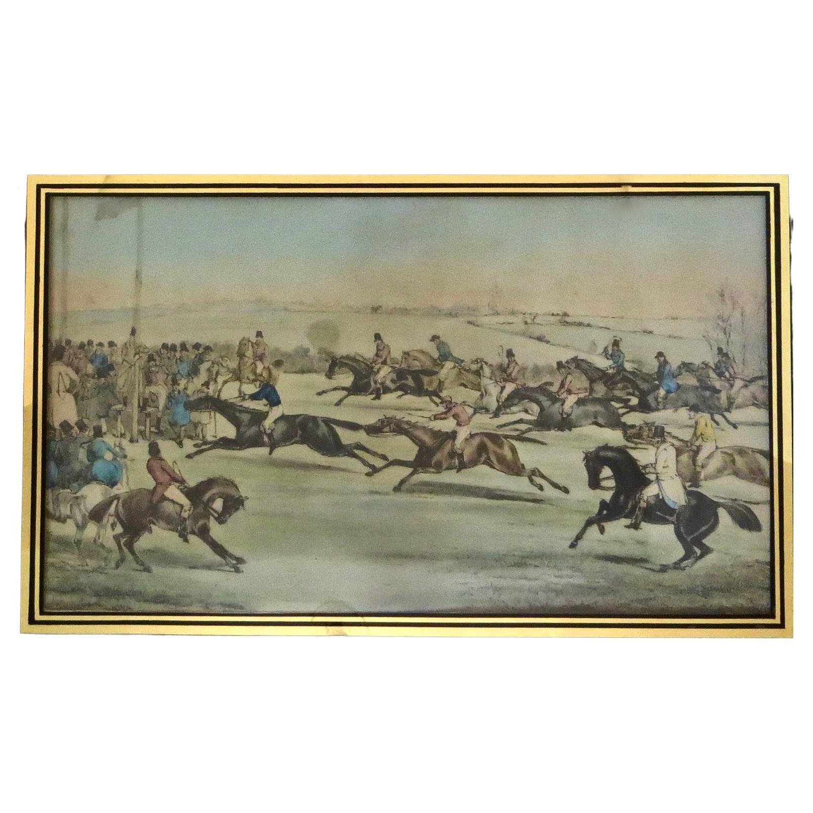 Lithographie britannique victorienne du 19e siècle représentant les courses, en verre mat inversé, vers 1875