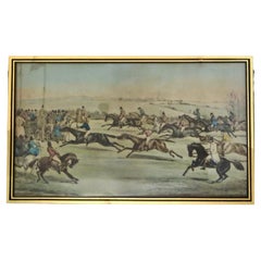 Antique Victorian 19th C. British Lithograph of "the Races" Reverse Glass Matte Ca. 1875