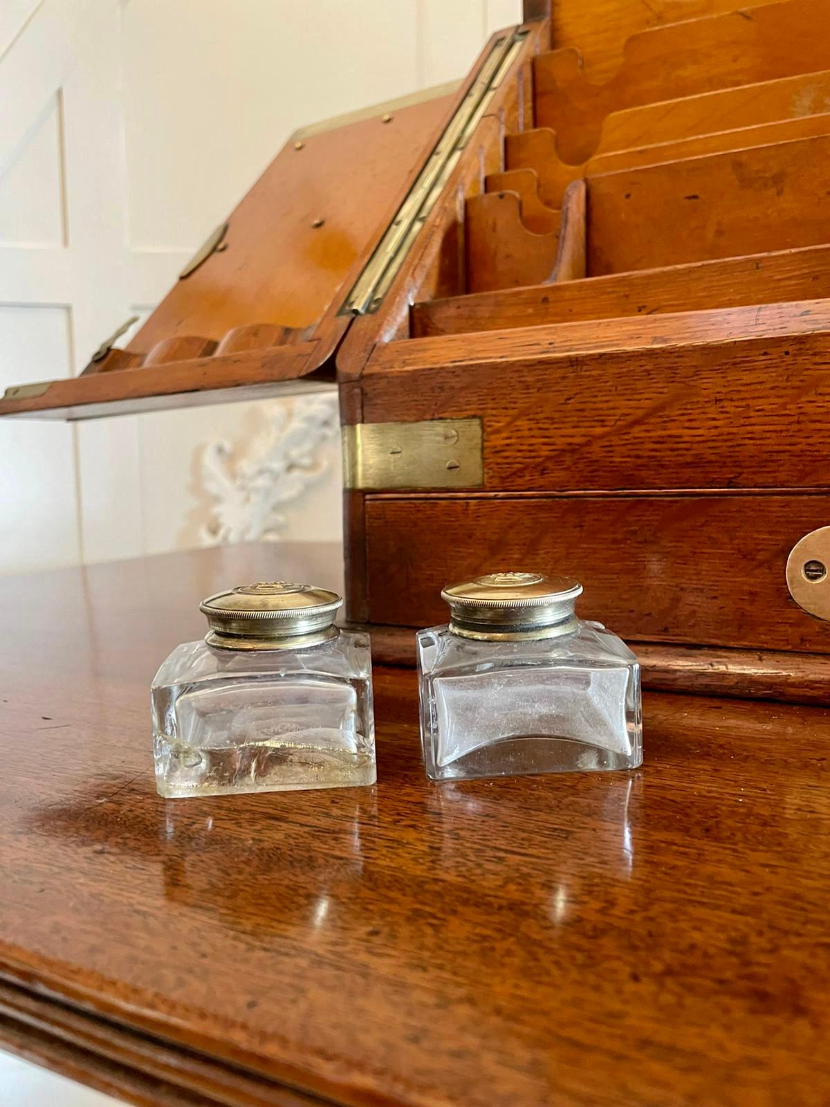 Brass Victorian 19th Century Antique Figured Oak Military Stationery Box