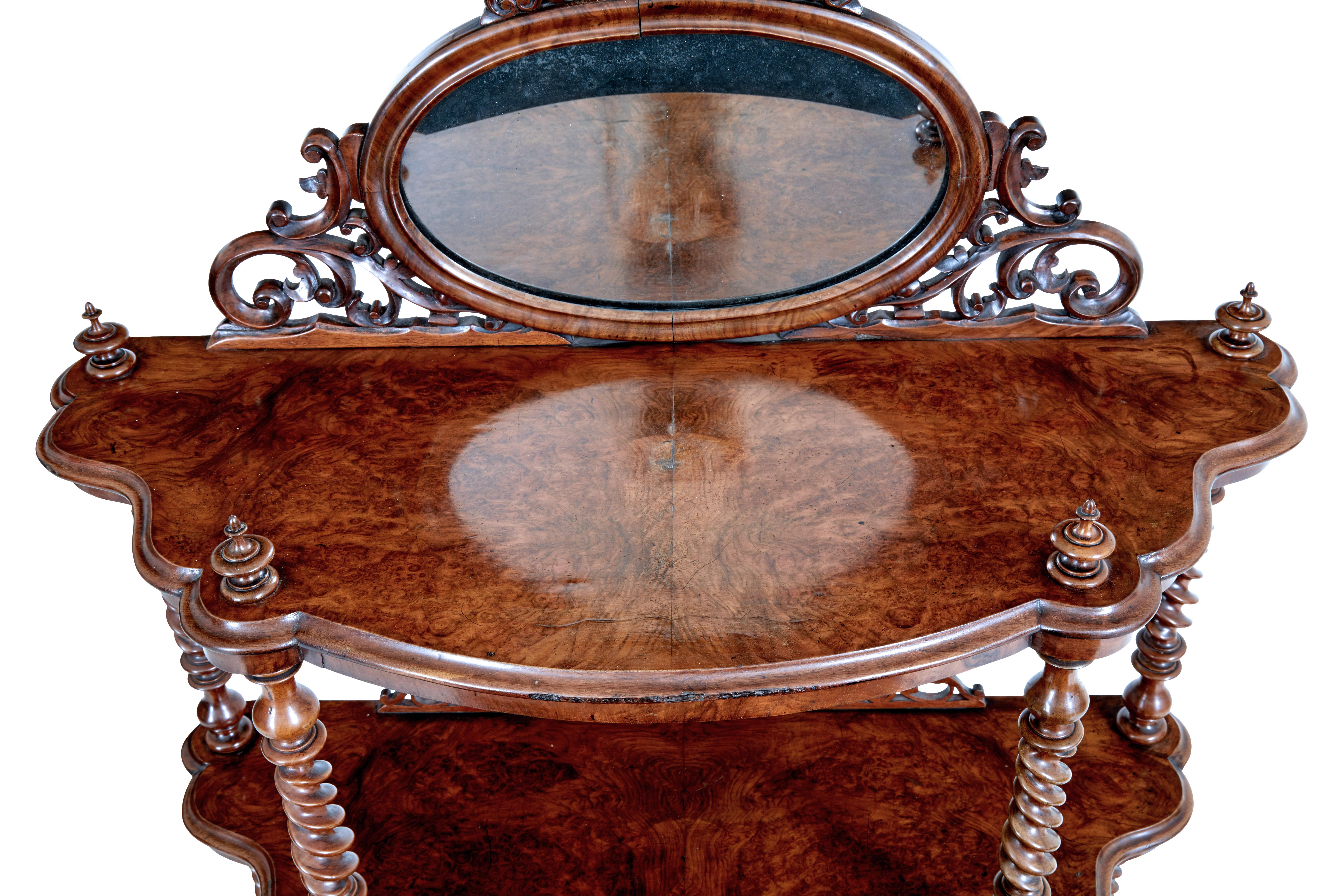 Carved Victorian 19th Century Burr Walnut 3 Tiered Stand