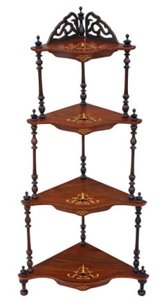 Victorian 19th Century Inlaid Figured Walnut Corner Whatnot Shelves Display