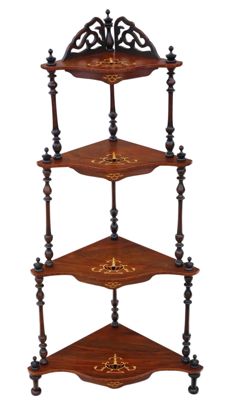Victorian 19th Century Inlaid Figured Walnut Corner Whatnot Shelves
