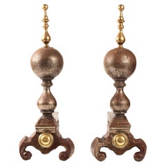 Antique Victorian 19th Century Iron, Brass, and Steel Firedogs / Andirons