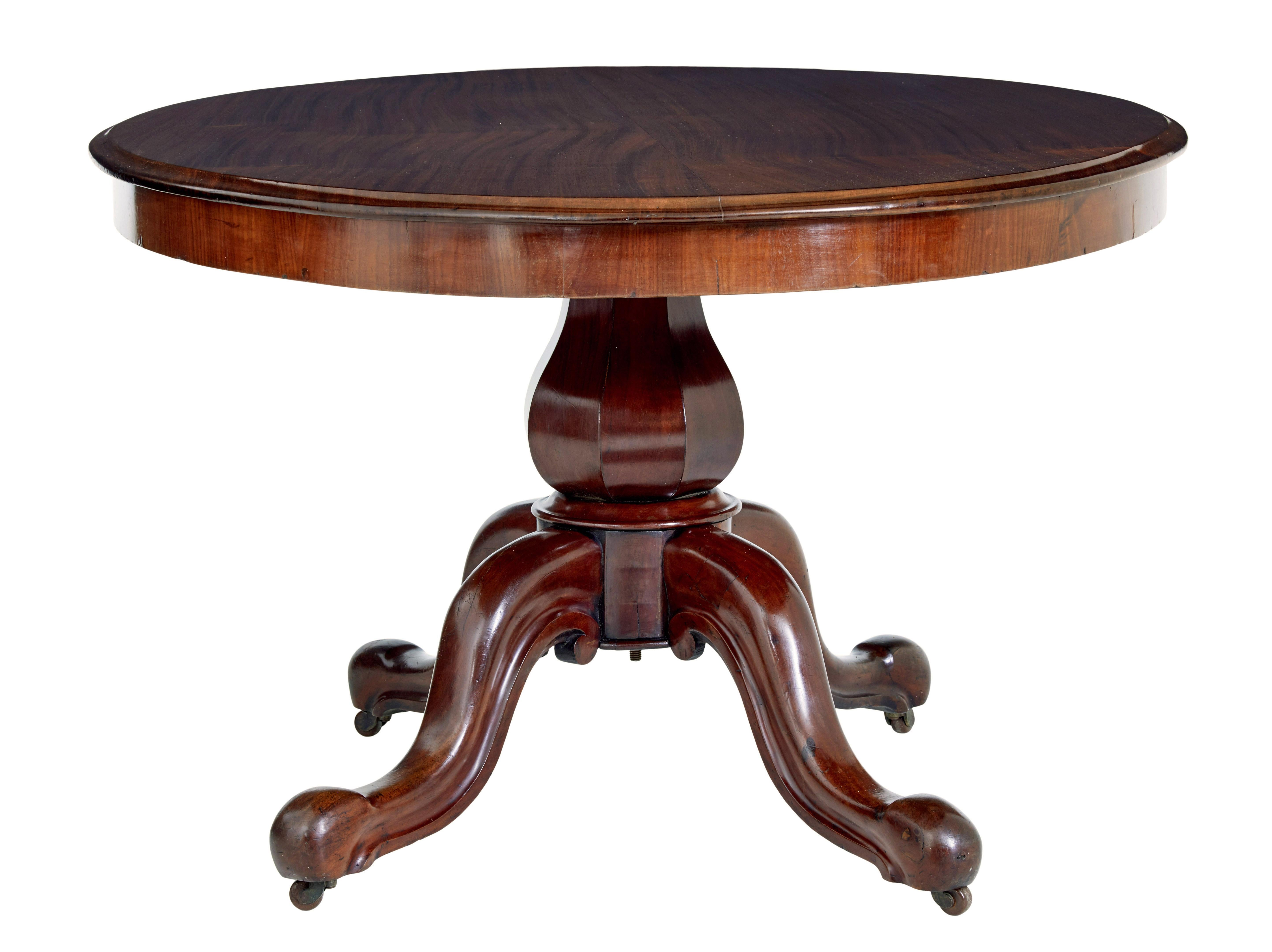 Victorian 19th century mahogany breakfast table circa 1870.

Good quality high victorian breakfast table, which could equally serve well as a center, sofa or occasional dining table.

Solid 2 piece mahogany top, maintaining a good patina and shaped