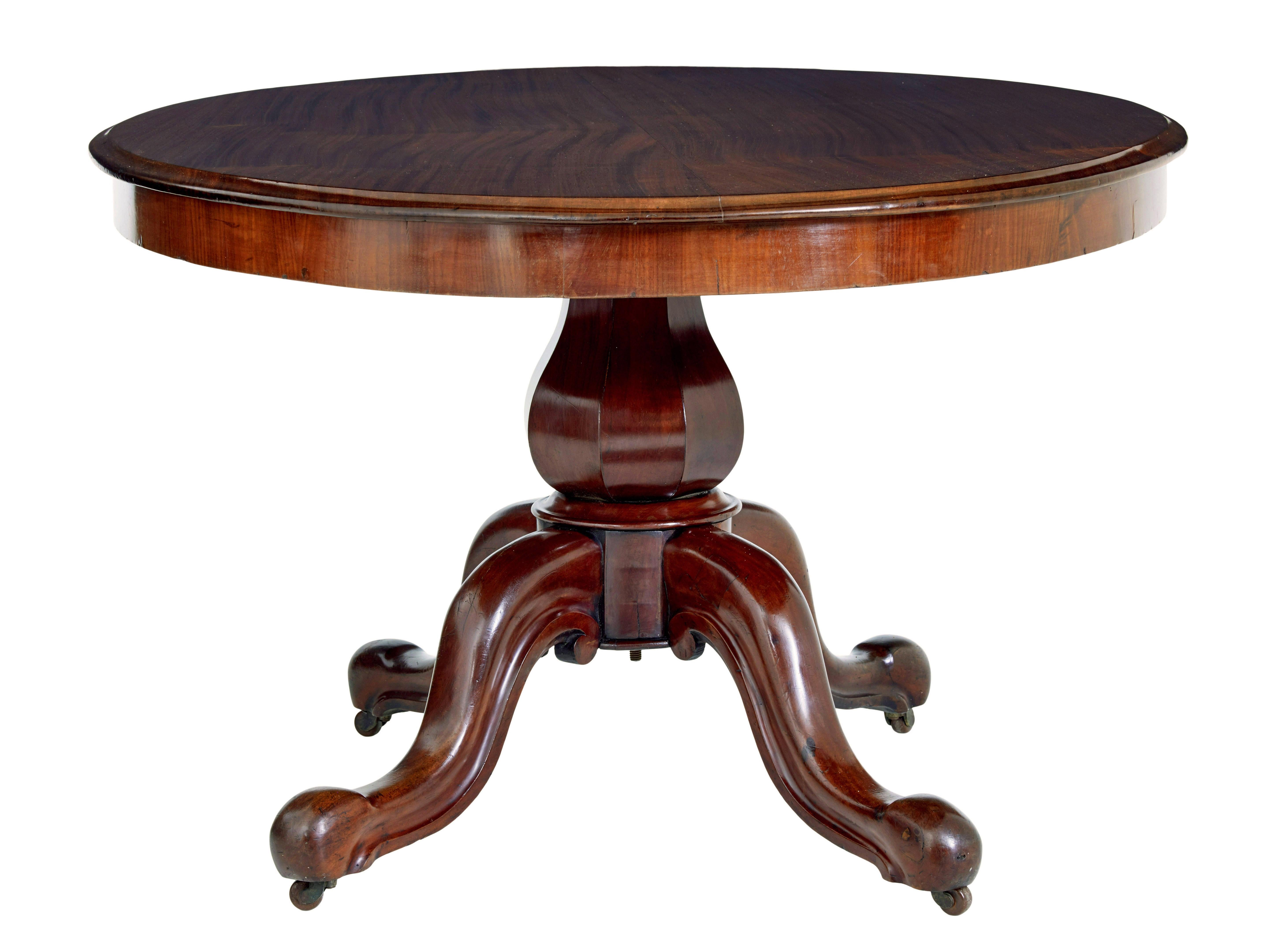 Table à déjeuner victorienne en acajou du 19e siècle, vers 1870.

Table de petit-déjeuner victorienne de bonne qualité, pouvant également servir de table de centre, de canapé ou de table à manger occasionnelle.

Plateau en acajou massif en deux