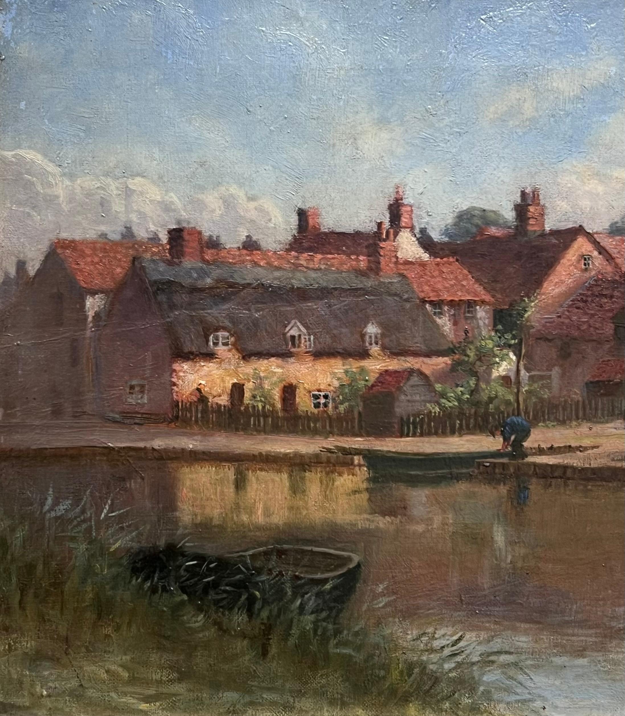 Raffinato paesaggio fluviale inglese del XIX secolo dipinto ad olio con figure di cottage - Painting di Victorian 19th century