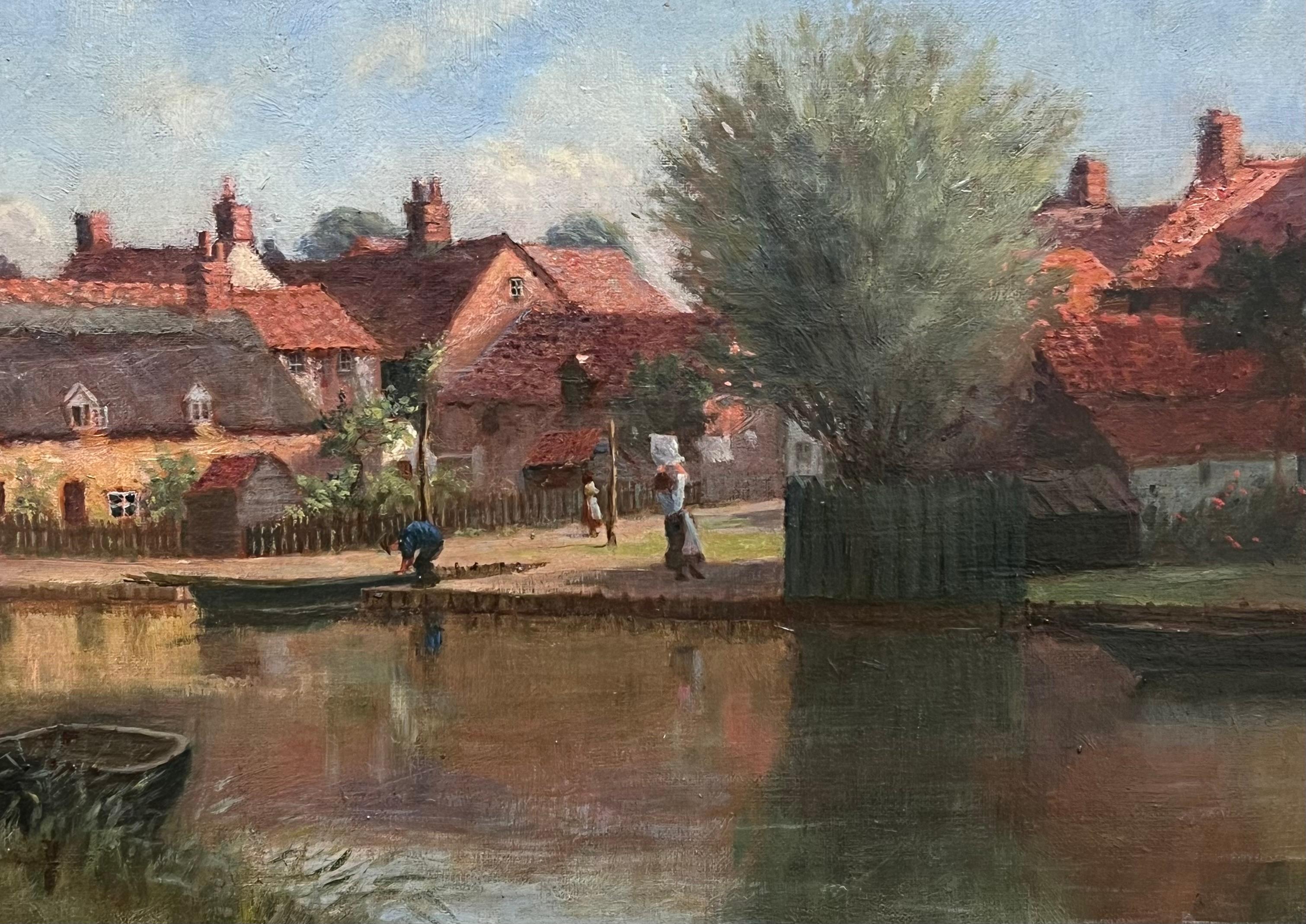 Raffinato paesaggio fluviale inglese del XIX secolo dipinto ad olio con figure di cottage - Painting Vittoriano di Victorian 19th century