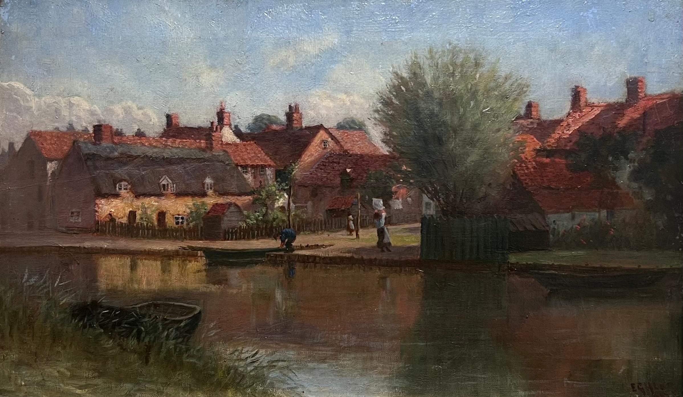 Raffinato paesaggio fluviale inglese del XIX secolo dipinto ad olio con figure di cottage - Figurative Painting Marrone di Victorian 19th century