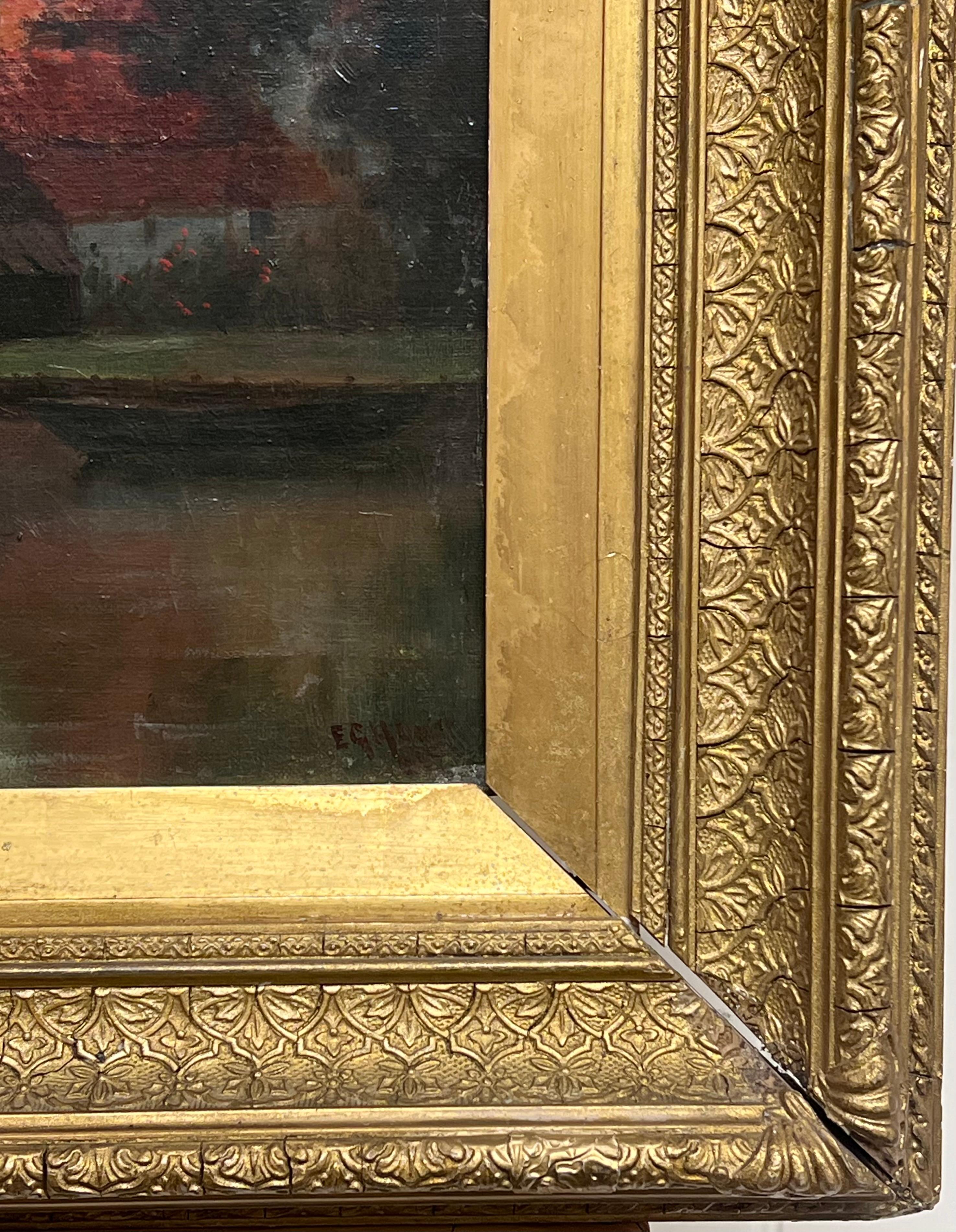 Raffinato paesaggio fluviale inglese del XIX secolo dipinto ad olio con figure di cottage in vendita 1