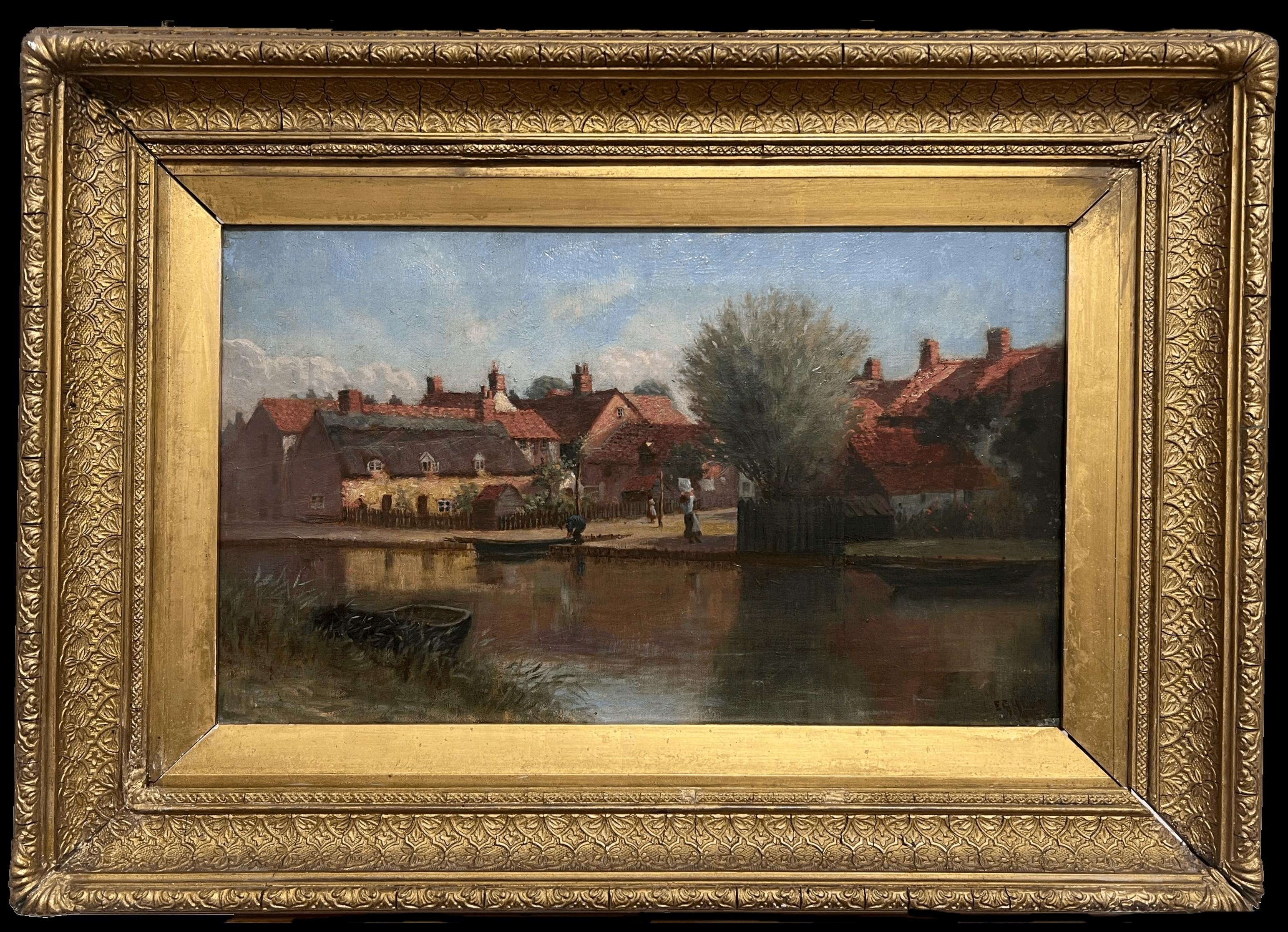Figurative Painting di Victorian 19th century - Raffinato paesaggio fluviale inglese del XIX secolo dipinto ad olio con figure di cottage