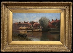Englische Flusslandschaft des 19. Jahrhunderts, Ölgemälde, Figuren von Cottages