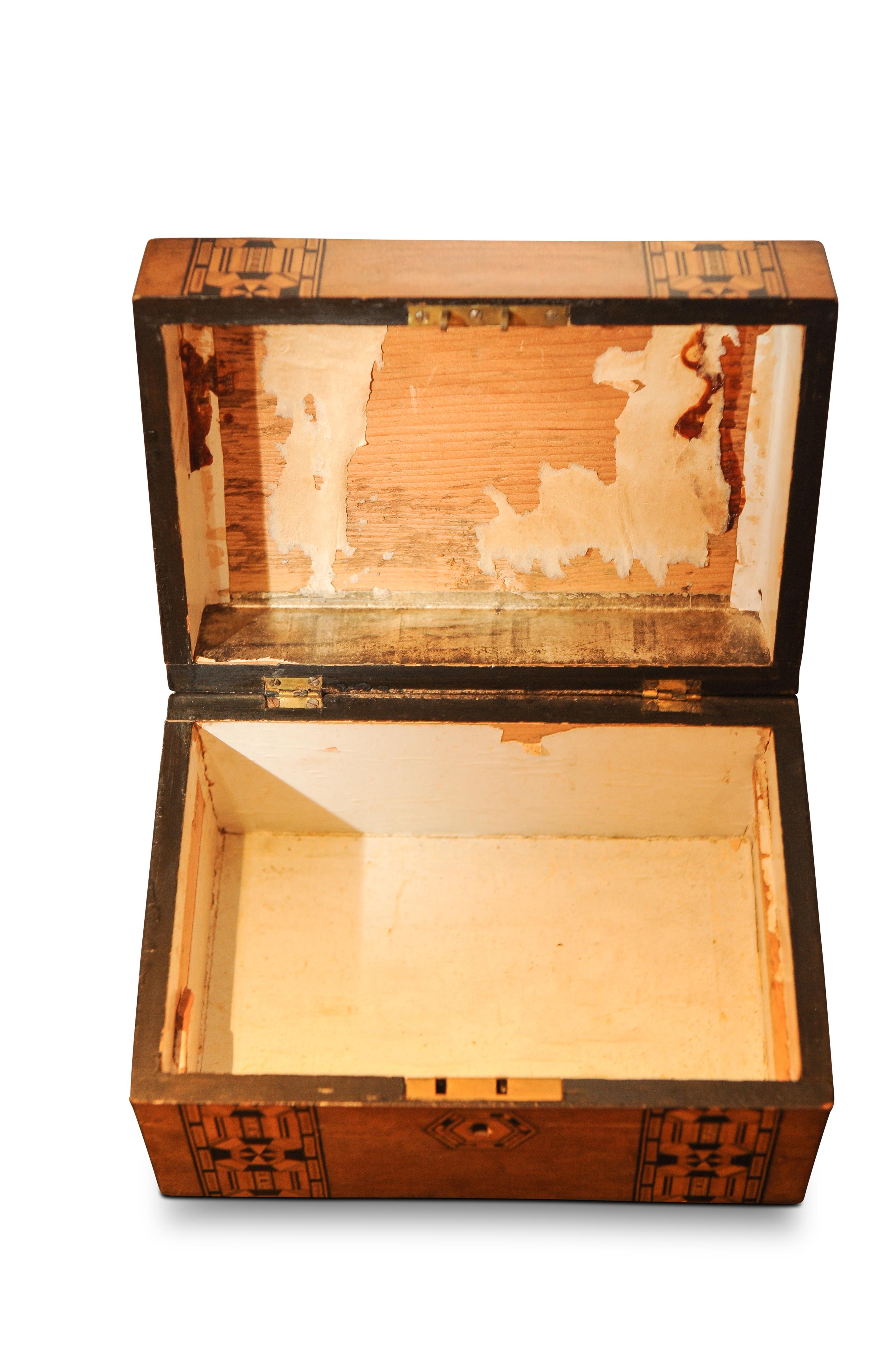 Victorian 19th century Tunbridge ware collectors box with original features.

Tunbridge ware is a form of decoratively inlaid woodwork, typically in the form of boxes, that is characteristic of Tonbridge and the spa town of Royal Tunbridge Wells